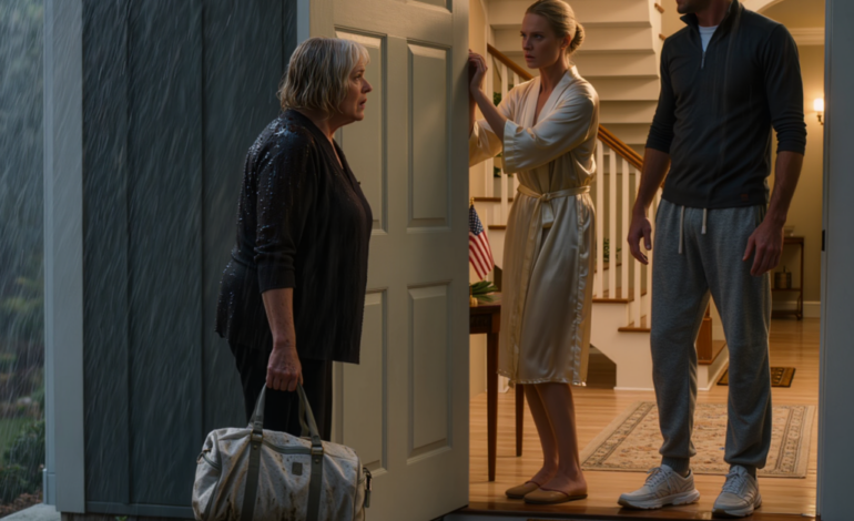 Mitt hus översvämmades under stormen, och jag gick till min sons herrgård genomblöt och smutsig och bad att få stanna ett tag, men min svärmor blockerade dörren: “Usch, du förstör mina vita mattor. Gå till ett skydd.” Hon slog igen dörren i ansiktet på mig, jag ringde den besvärliga pojken jag tog in när han var 16 år — och en militärkonvoj dök upp som om de hade valt precis fel person att provocera.