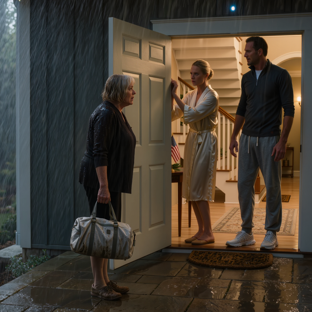 Mitt hus översvämmades under stormen, och jag gick till min sons herrgård genomblöt och smutsig och bad att få stanna ett tag, men min svärmor blockerade dörren: “Usch, du förstör mina vita mattor. Gå till ett skydd.” Hon slog igen dörren i ansiktet på mig, jag ringde den besvärliga pojken jag tog in när han var 16 år — och en militärkonvoj dök upp som om de hade valt precis fel person att provocera.