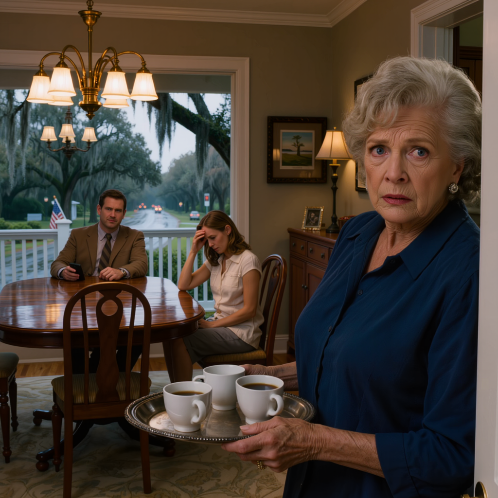 Bara att överföra det direkt till vårt konto. Hon kommer inte att behöva det mycket längre ändå,” hörde jag min svärson säga med ett leende från matsalen, medan min dotter satt tyst som en medhjälpare. Jag var fortfarande frusen bakom köksdörren med ett fat kaffe i händerna, och de hade ingen aning om att något stort var på väg att släppa lös.