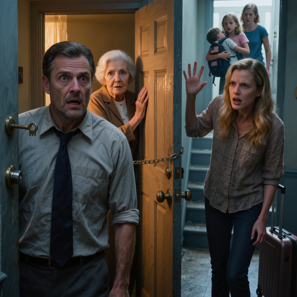 Min sons fru skrek: „Din mamma har blivit galen, hon lämnar oss här med fyra barn!” efter nästan två timmar av att slå på min dörr så hårt att trapphuset skakade, medan barnen satt i hallen och grät över sina väskor, och min son rusade hem från jobbet som om han anlände till en räddningsinsats, men i det ögonblick han gled in sin nyckel i låset och frös till, började båda förstå att ett allvarligt misstag redan hade gjorts innan den dagen.