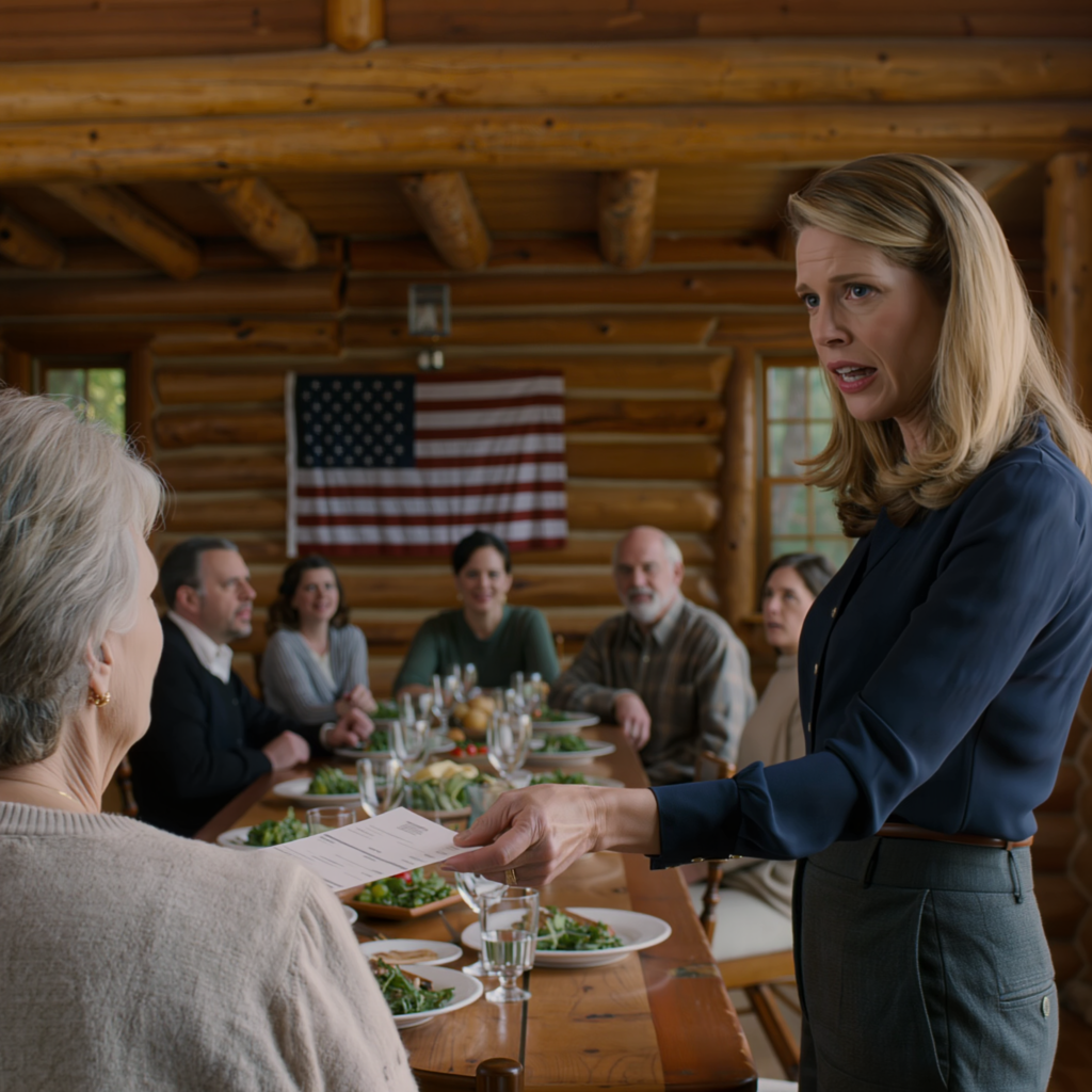 På Mors dag förvandlade min dotter vårt stugmöte till en offentlig rättegång: hon läste ett räkneexempel på 500 000 dollar högt inför 40 släktingar, kallade det “kostnaden för att ta hand om någon värdelös” — jag lät henne avsluta framträdandet, lade ett gammalt kuvert på bordet, och det var då några ansikten i rummet ändrade färg för att de visste att det fanns något där som ingen skulle förklara bort.