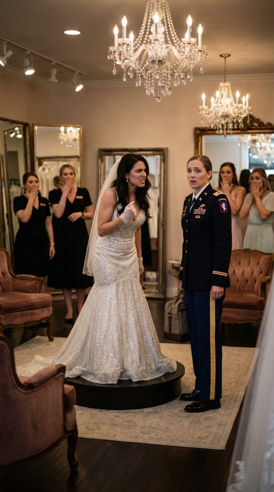 Minha irmã me deu um tapa na cara no meio do ajuste do vestido de casamento de $10.000 e sussurrou: “Pare de fazer tudo sobre você, Emily.” Toda a boutique ficou em silêncio enquanto minha bochecha queimava e cada espelho refletia a mesma verdade: o casamento de $450.000 do qual ela estava gritando estava sendo pago com meu pagamento de combate e um cartão de crédito em meu nome. Ela achava que tinha me humilhado — mas ela não tinha ideia de que eu estava a segundos de acabar com o sonho dela com um simples deslize.