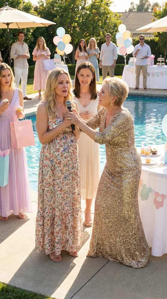 Na minha própria festa de chá de bebê, minha mãe pegou o microfone e gritou: “Sua irmã não pode ter filhos—por que você merece esse bebê?” O ambiente ficou em silêncio enquanto ela se aproximava, olhos ardendo de raiva. Eu mal tive tempo de sussurrar, “Mãe… por favor, pare,” antes que ela me empurrasse para trás e eu sentisse meu calcanhar escorregar na borda da piscina. Enquanto a água fria me engolia, olhei para cima—e vi minha irmã sorrindo. O que aconteceu a seguir mudou minha família para sempre.