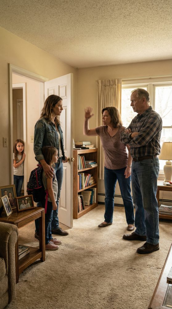 Hetki, jolloin äitini antoi minulle läimäyksen, huone hiljeni—paitsi kahdeksanvuotiaan tyttäreni huuto käytävässä. “Siirrä rahat nyt,” isäni sanoi kylmästi, tarttuen käteeni kuin en olisi mitään. Veri osui beigeen mattoon, kun he istuivat sohvallani kuin omistaisivat elämäni. Katsoin tytärtäni, täristen, ja kuiskasin itselleni, “Heillä ei ole aavistustakaan siitä, mitä aion tehdä seuraavaksi.”