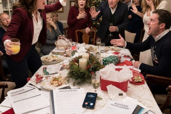 Meu irmão anunciou no jantar de Natal, “Comprei um presente de Natal para minha esposa — uma casa na praia avaliada em $55.000.” Na frente de todos os convidados, perguntei em choque de onde ele tinha conseguido o dinheiro, e ele respondeu, “Peguei um empréstimo no seu nome. Você foi promovida, vai pagar rapidamente.” Depois disso, fiz um anúncio, e as pernas do meu irmão fraquejaram e nossa mãe se segurou no peito.